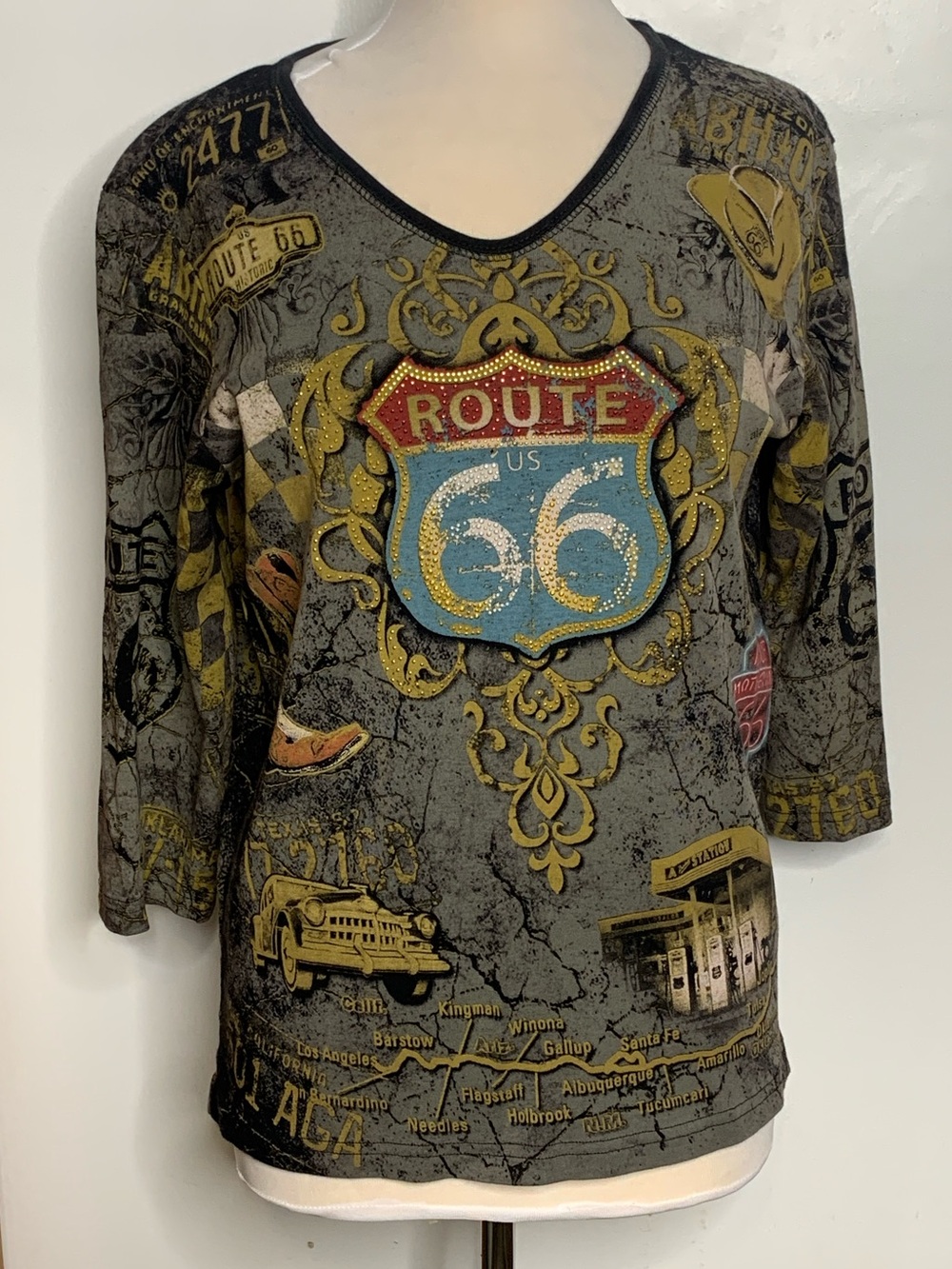 VTG Y2K Cactus Bay Route 66 Graphic V-Neck 3/4 sleeve Western top XL U.S.A made